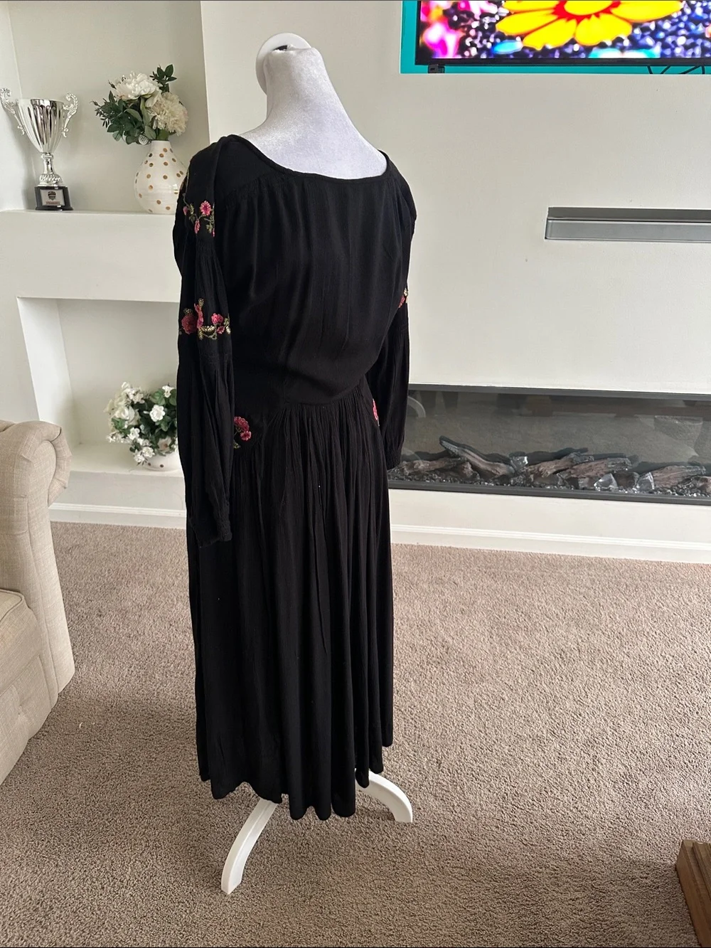 Free People Black Midi Dress with Pink Floral Embroidery